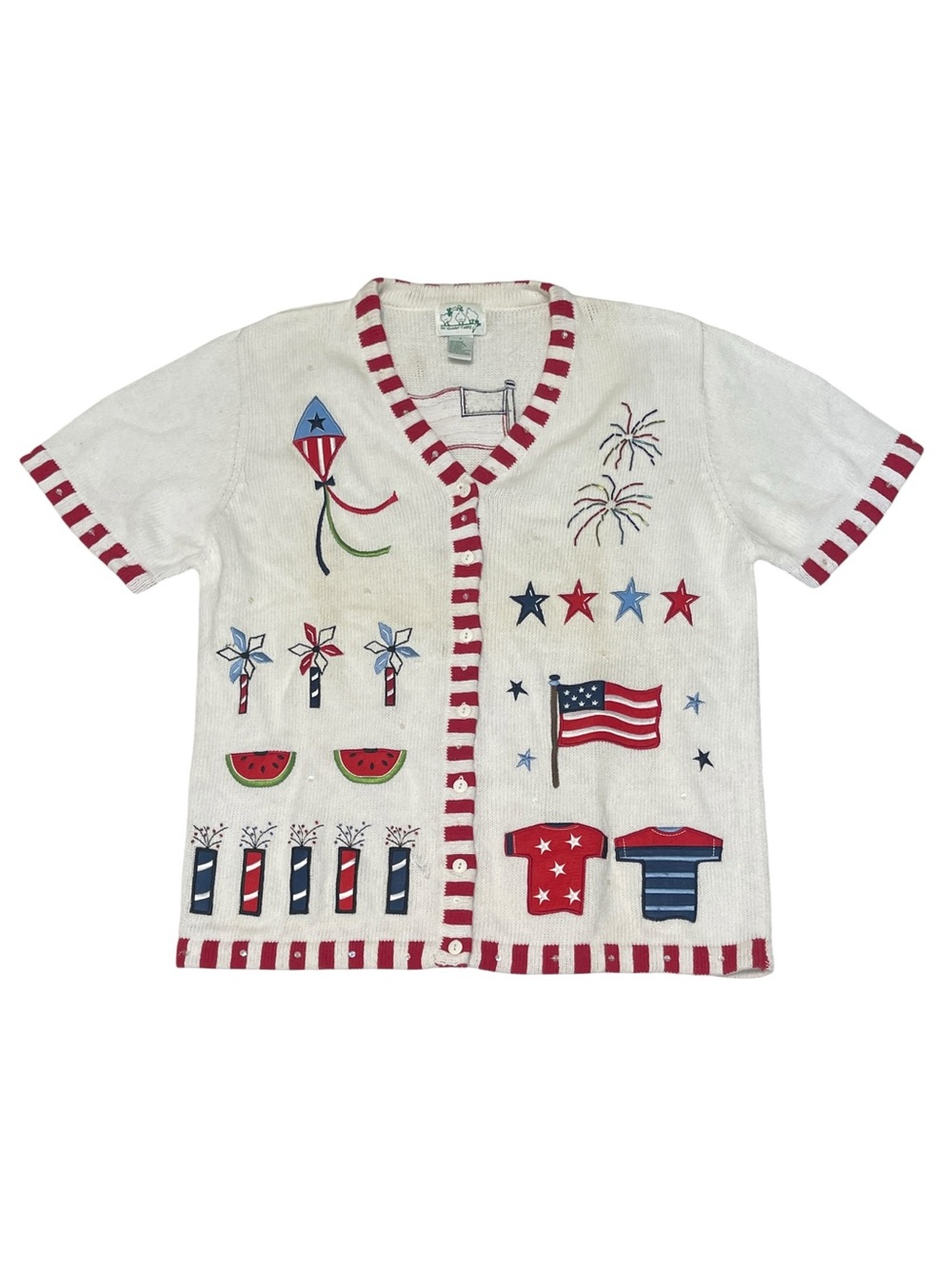 Quacker Factory America Festive Embroidered USA Button Short Sleeve Sweater L